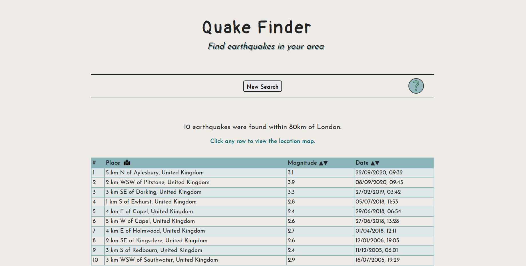 Quake founder app's main page